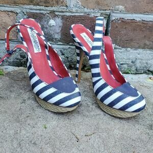 Naughty Monkey overboard slingback heels blue white stripe 8